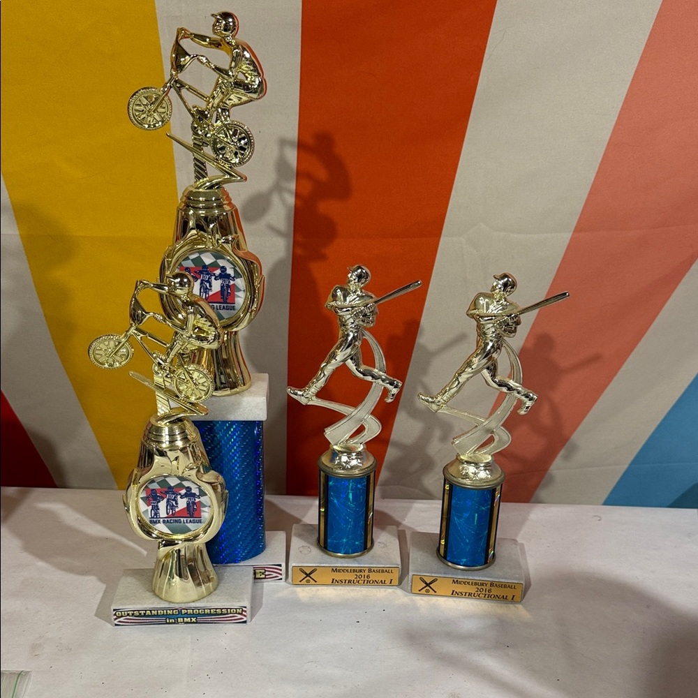 Gold and Blue Sports Trophies-bike and baseball